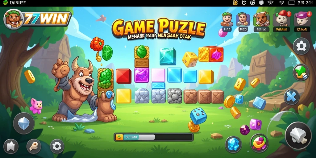 Screenshot utama 77WIN menampilkan gameplay Puzzle yang menantang.