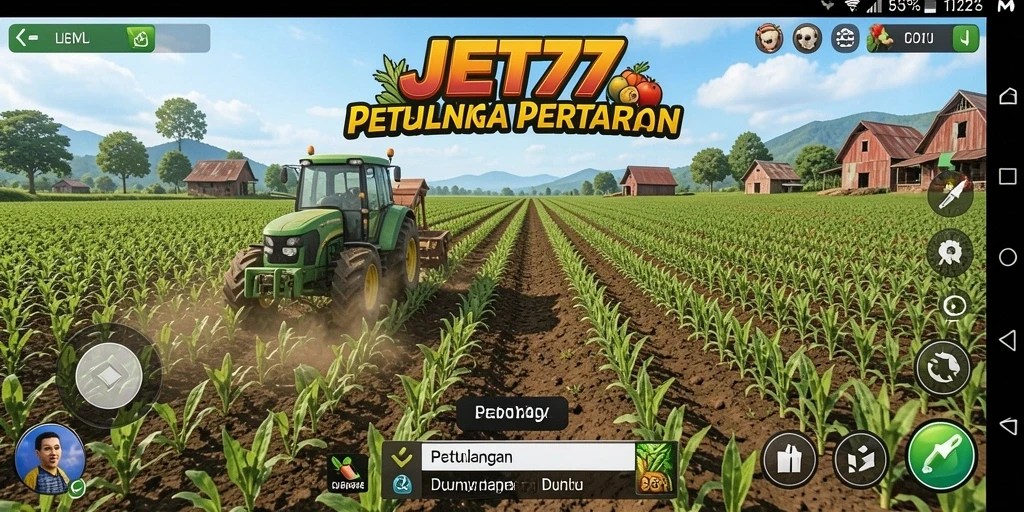 Tangkapan layar utama JET77 menunjukkan suasana ladang yang indah dan interaksi pemain.