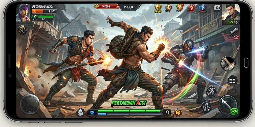Tampilan gameplay PGG68 dengan pertarungan yang intens dan dramatis.
